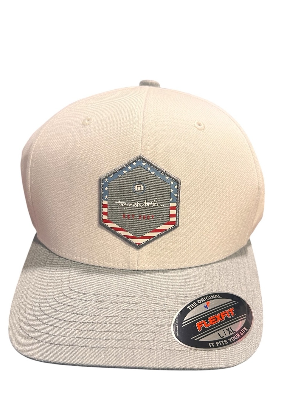 Travis Mathew Flexfit Cap in White Gray L-XL Fit NEW WITH TAG USA Fourth of July